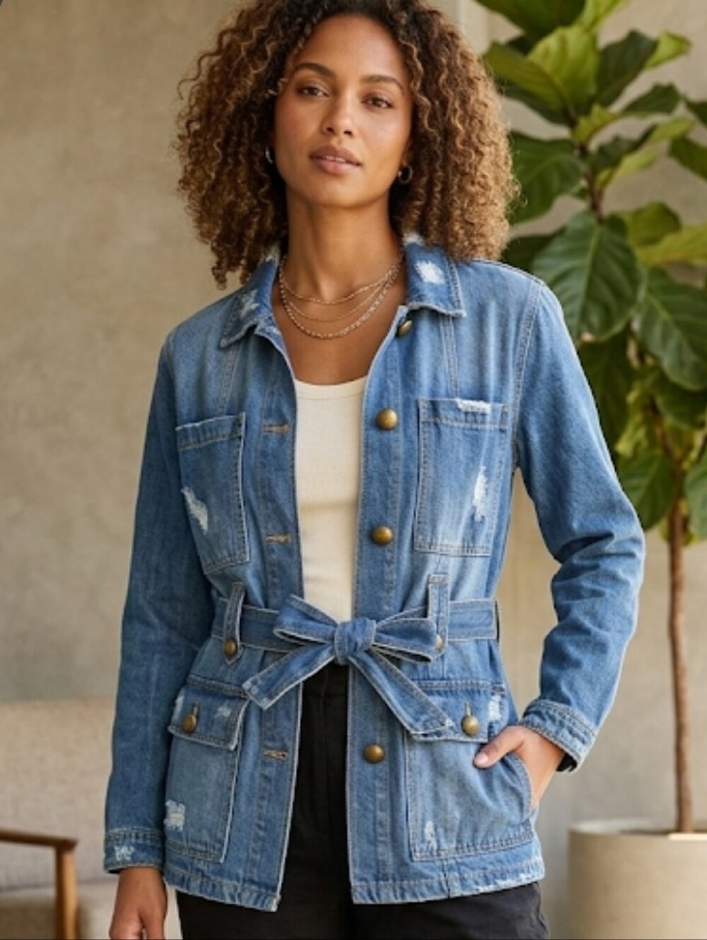 Washed Blue Distressed Denim Jacket with Self-Tie Belt